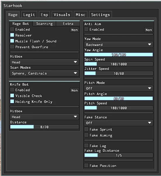Starhook, Rage Bot, Knife Bot, Anti Aim, Gun Mods, Aimbot, Silent Aim, Trigger Bot, Hitbox expander!