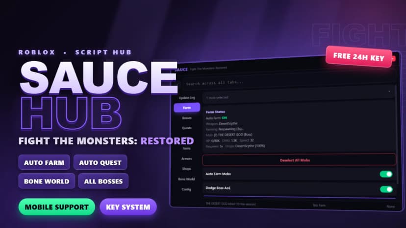 SAUCE HUB | Fight The Monsters: Restored - Auto Farm, Auto Quest, Bone World, Shops & More